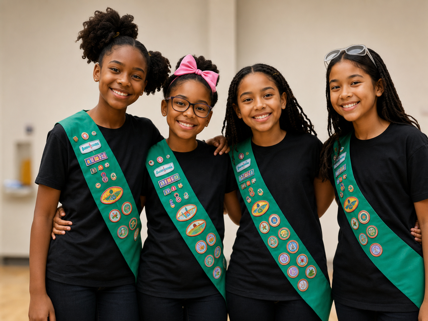 Four smiling students wearing STEM achievement sashes.