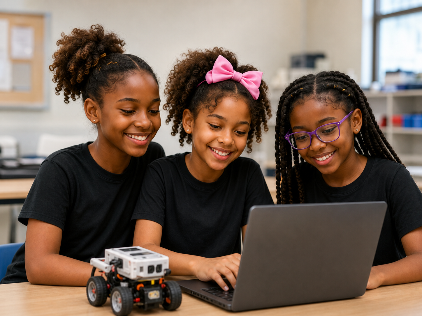 Three students collaborating with a robot and laptop during a Styled by STEM program.