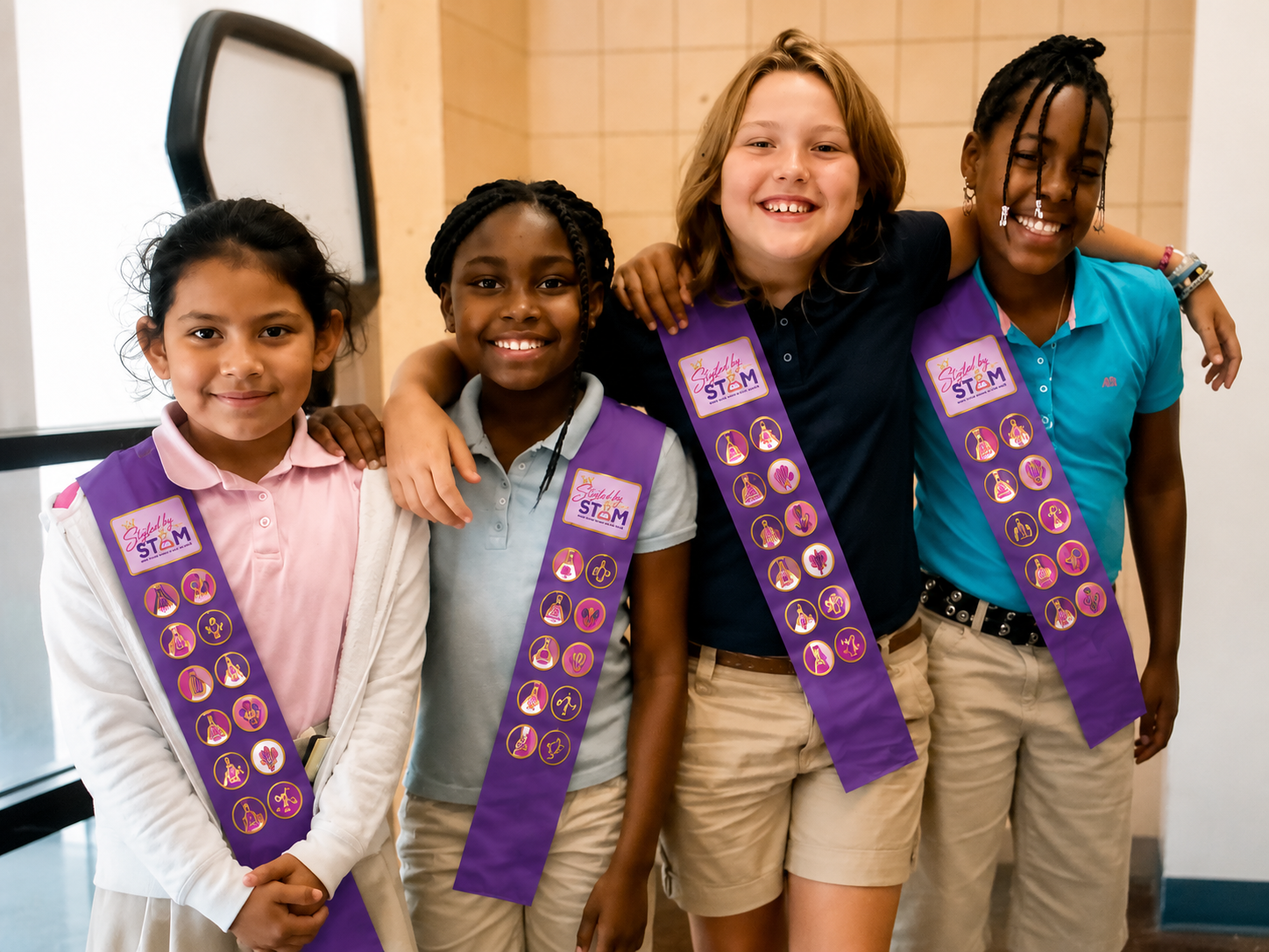 Four smiling Styled by STEM students wearing program achievement sashes.